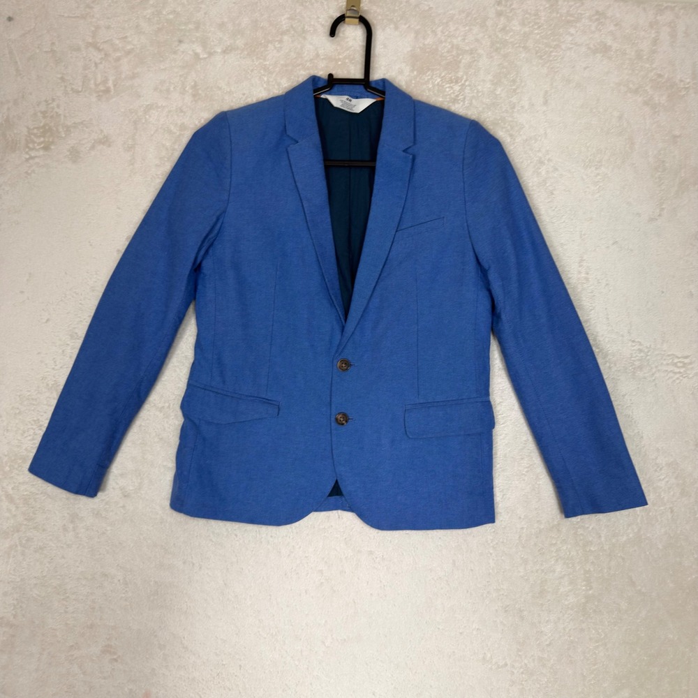 HM Boys Blue Cotton Blazer Jacket Size 10 Two Button Sport Coat Preppy Wedding